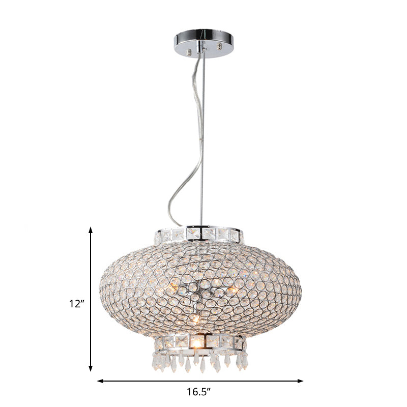 Contemporary Chrome Lantern Chandelier With Clear Crystal Beads - 4-Light Metal Hanging Light