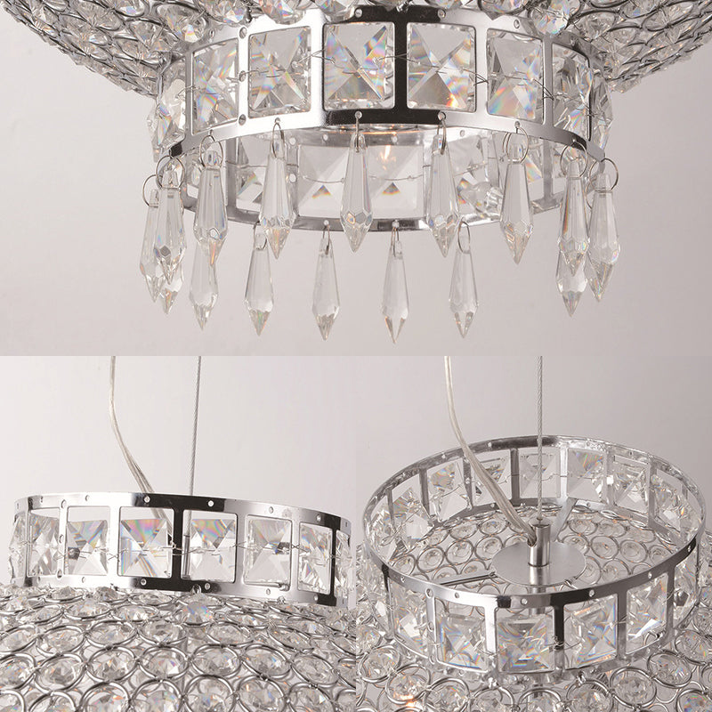 Contemporary Chrome Lantern Chandelier With Clear Crystal Beads - 4-Light Metal Hanging Light