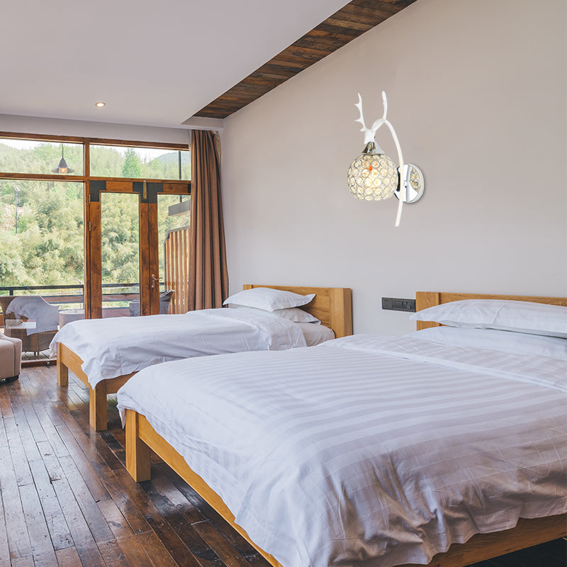 Lodge Style Metal Deer Head Wall Sconce: 1/2-Bulb Mount Light With Crystal Dome Shade In Chrome/Gold