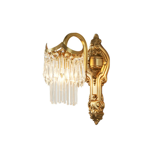 Contemporary Metal Gooseneck Wall Lamp With Clear Crystal Prism In Gold For Corridor