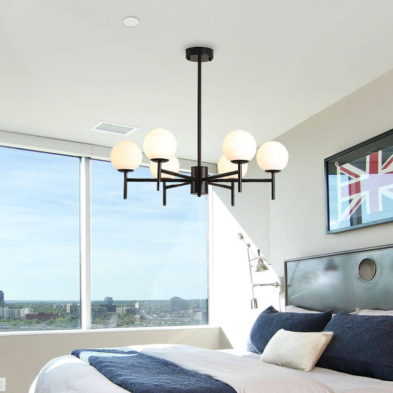 Contemporary Black And Gold Globe Chandelier With Radiant Design Milk Glass Shades - Available In 6