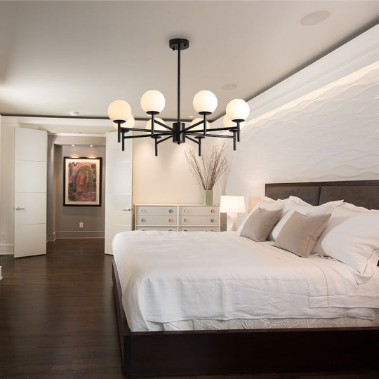 Contemporary Black And Gold Globe Chandelier With Radiant Design Milk Glass Shades - Available In 6