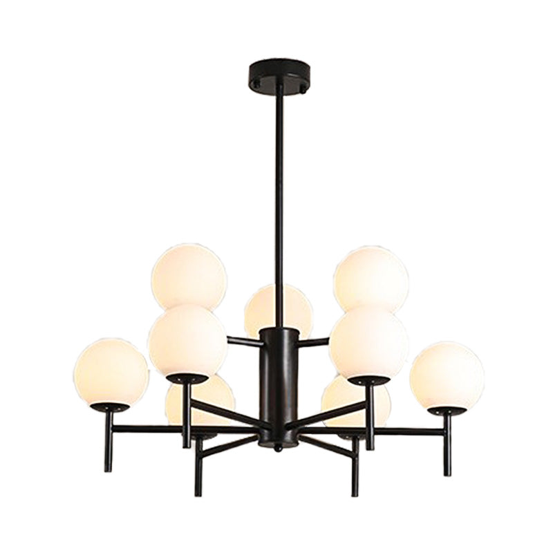 Contemporary Black/Gold Globe Chandelier with Radial Design - 6/8/9 Lights, Milk Glass Hanging Lamp