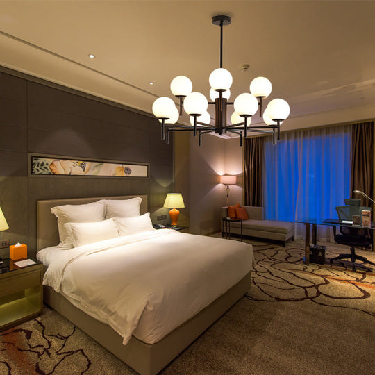 Contemporary Black/Gold Globe Chandelier with Radial Design - 6/8/9 Lights, Milk Glass Hanging Lamp