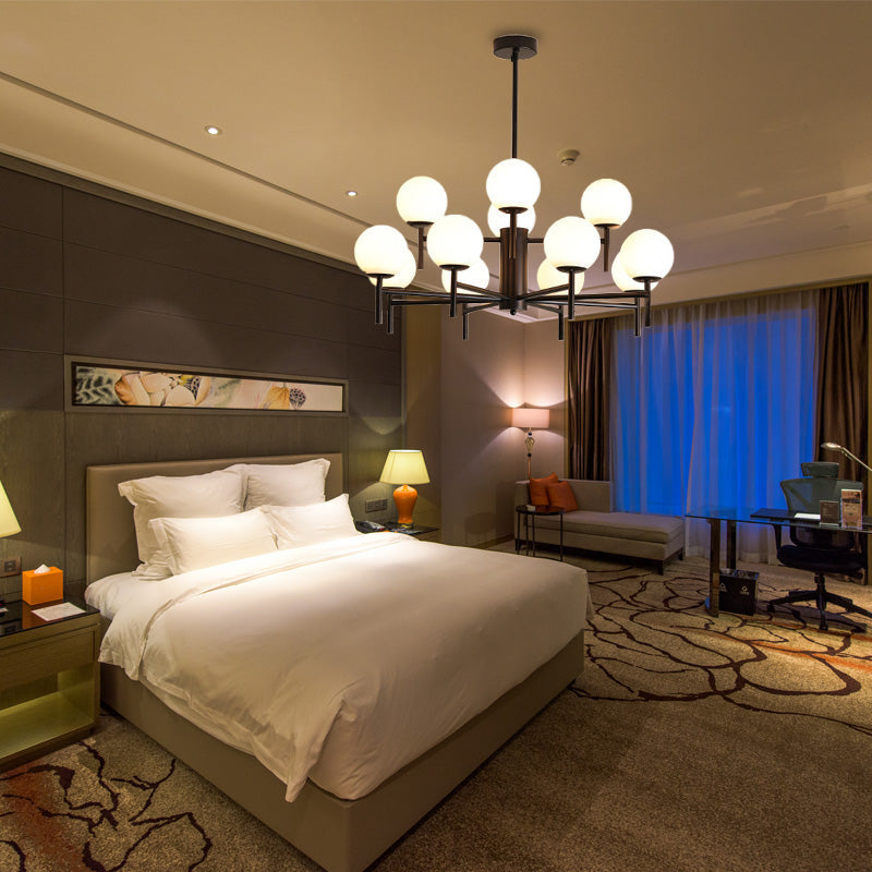 Contemporary Black And Gold Globe Chandelier With Radiant Design Milk Glass Shades - Available In 6