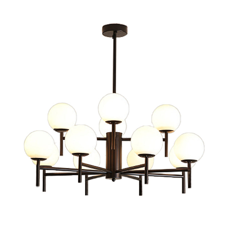Contemporary Black/Gold Globe Chandelier with Radial Design - 6/8/9 Lights, Milk Glass Hanging Lamp