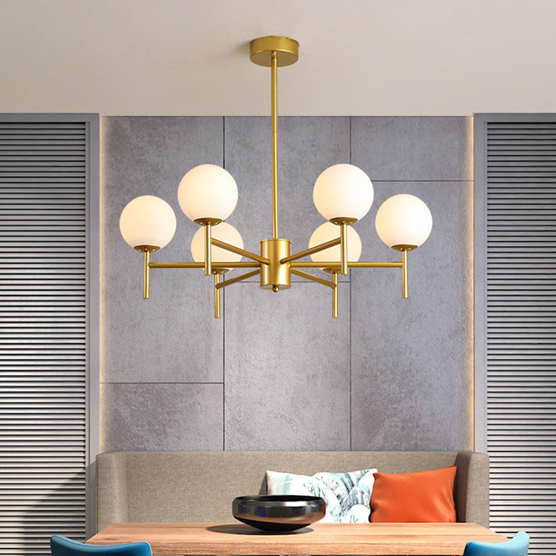 Contemporary Black And Gold Globe Chandelier With Radiant Design Milk Glass Shades - Available In 6