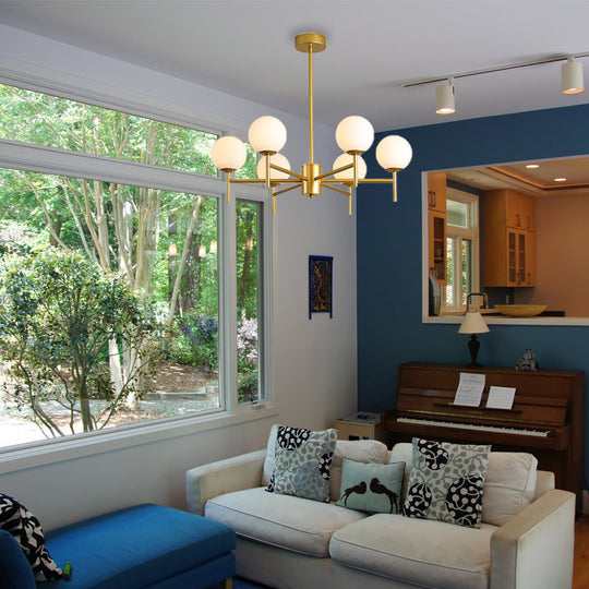 Contemporary Black And Gold Globe Chandelier With Radiant Design Milk Glass Shades - Available In 6