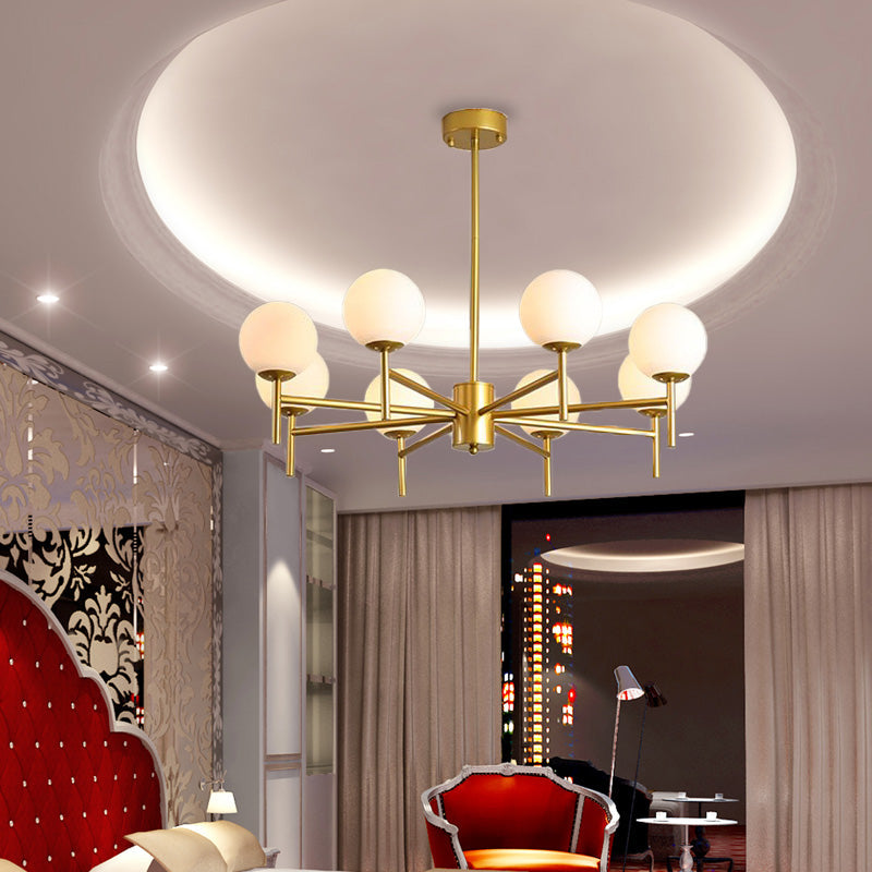 Contemporary Black/Gold Globe Chandelier with Radial Design - 6/8/9 Lights, Milk Glass Hanging Lamp
