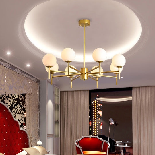 Contemporary Black/Gold Globe Chandelier with Radial Design - 6/8/9 Lights, Milk Glass Hanging Lamp