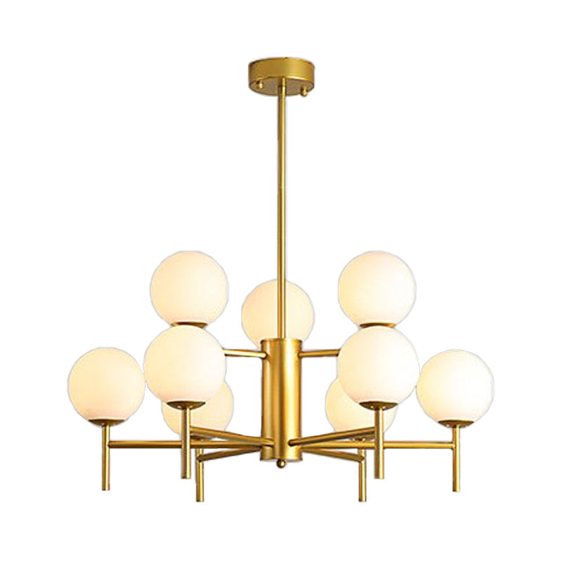 Contemporary Black/Gold Globe Chandelier with Radial Design - 6/8/9 Lights, Milk Glass Hanging Lamp