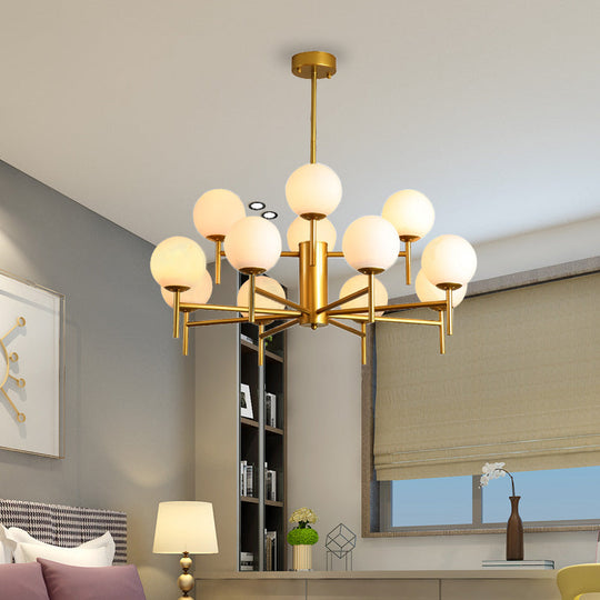 Contemporary Black/Gold Globe Chandelier with Radial Design - 6/8/9 Lights, Milk Glass Hanging Lamp