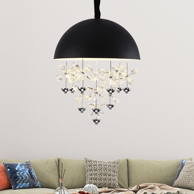 Domed Pendant Light With Crystal Flower Deco - Modern Metal Hanging Ceiling (6/10 Lights) In