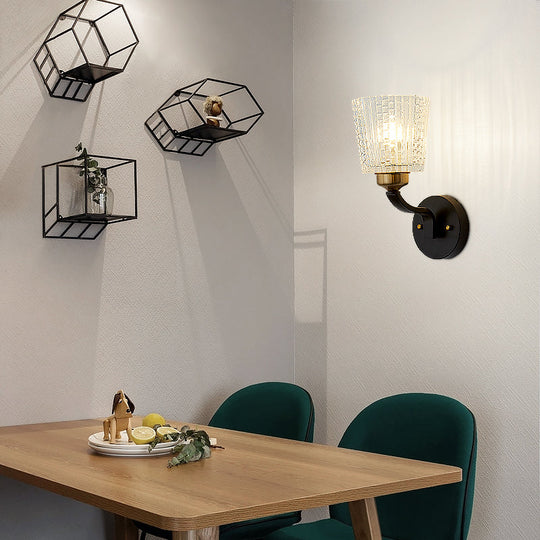 Modern Black Metal Sconce Light With Textured Glass Shade - 1 Conical Wall Lighting