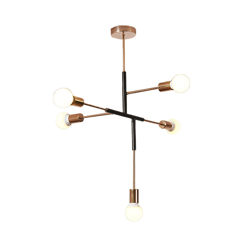 Rectilinear Metal Chandelier - Modern 5-Light White/Black Hanging Ceiling Light With Bare Bulb For