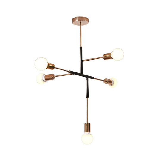 Rectilinear Metal Chandelier - Modern 5-Light White/Black Hanging Ceiling Light With Bare Bulb For