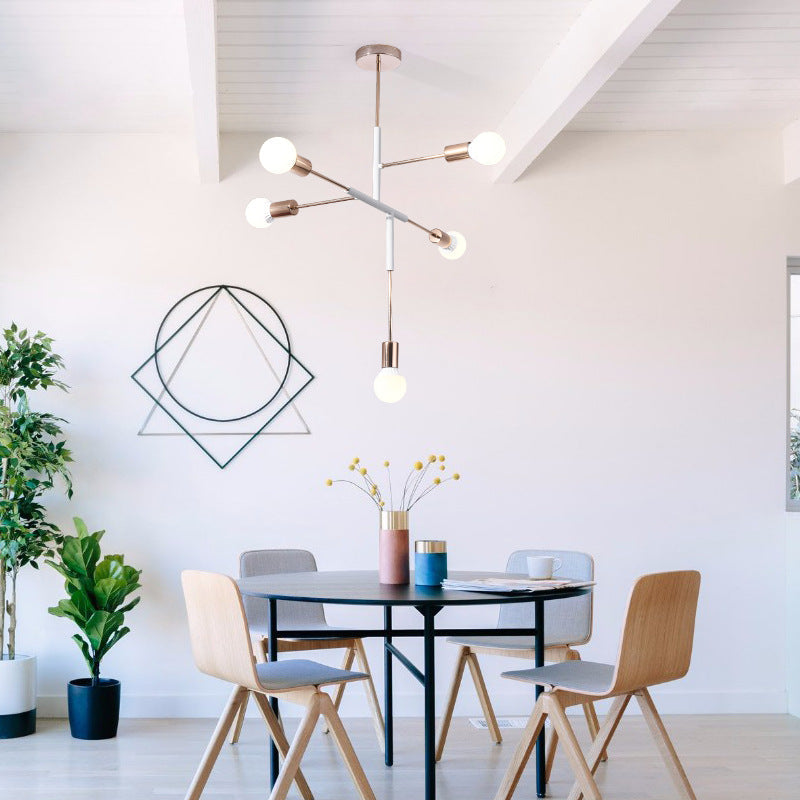 Modern 5-Light Rectilinear Metal Chandelier: White/Black Bare Bulb Hanging Ceiling Light For Dining