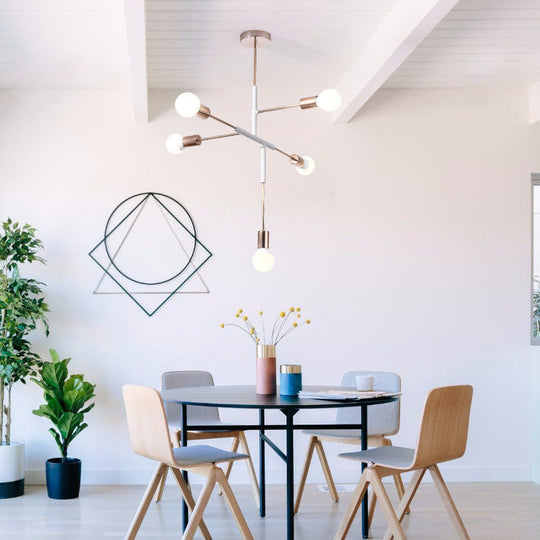 Rectilinear Metal Chandelier - Modern 5-Light White/Black Hanging Ceiling Light With Bare Bulb For