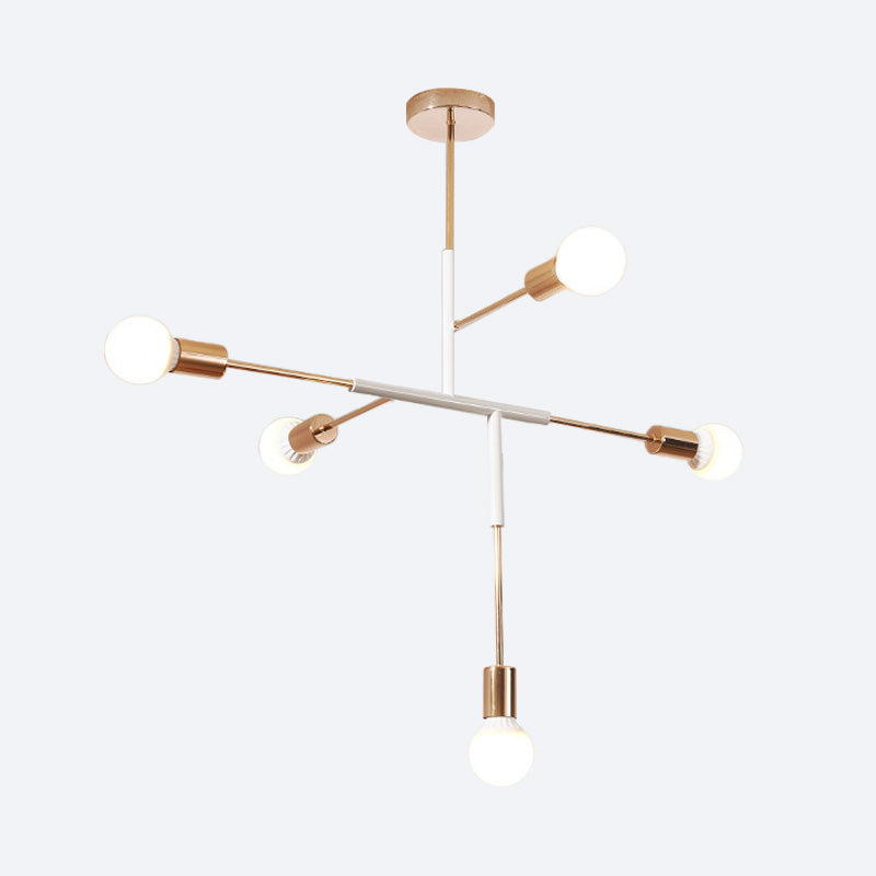 Modern 5-Light Rectilinear Metal Chandelier: White/Black Bare Bulb Hanging Ceiling Light For Dining