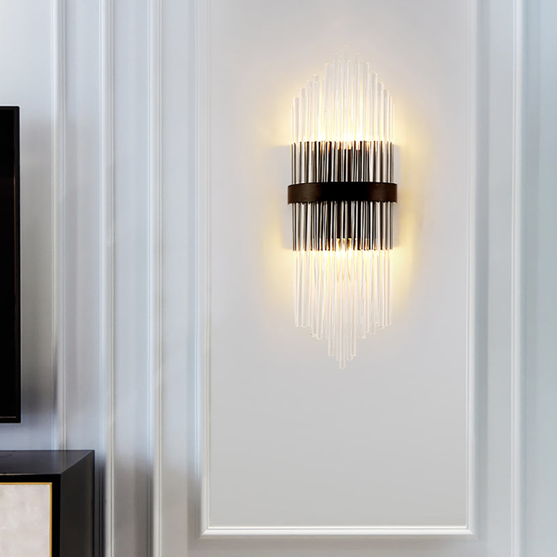 Modern Clear Crystal Prism Wall Sconce Light With Metal Square Backplate In Black 1/2-Pack