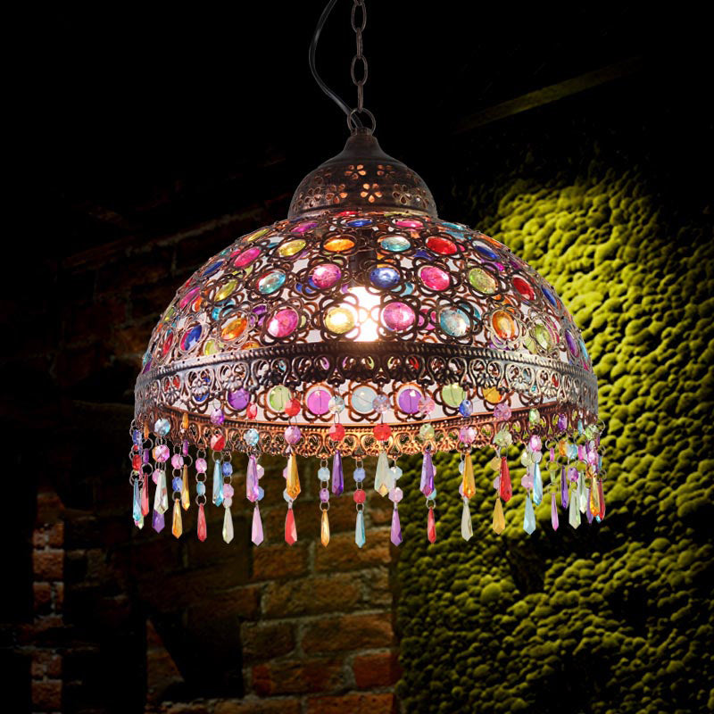 Bohemia Dome Pendant Light - Rustic Aged Brass With Crystal Bead Accent Ideal For Restaurants