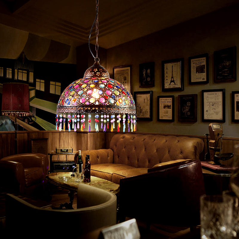 Bohemia Dome Pendant Light - Rustic Aged Brass With Crystal Bead Accent Ideal For Restaurants