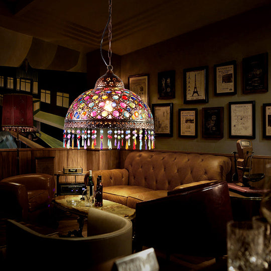 Bohemia Dome Pendant Light - Rustic Aged Brass With Crystal Bead Accent Ideal For Restaurants