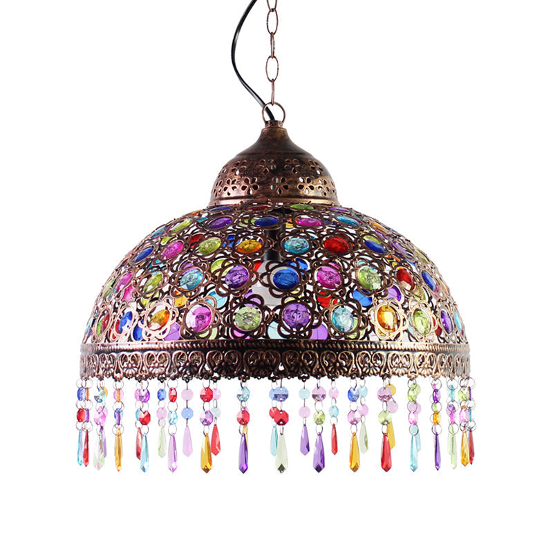 Bohemia Dome Pendant Light - Rustic Aged Brass With Crystal Bead Accent Ideal For Restaurants