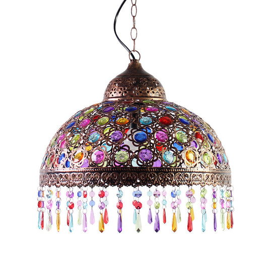 Bohemia Dome Pendant Light - Rustic Aged Brass With Crystal Bead Accent Ideal For Restaurants