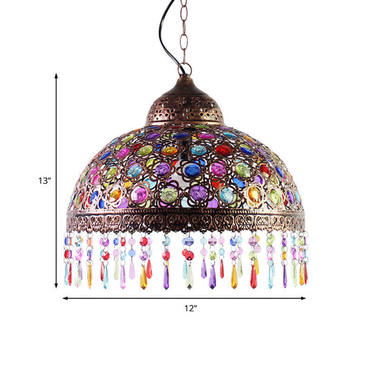 Bohemia Dome Pendant Light - Rustic Aged Brass With Crystal Bead Accent Ideal For Restaurants