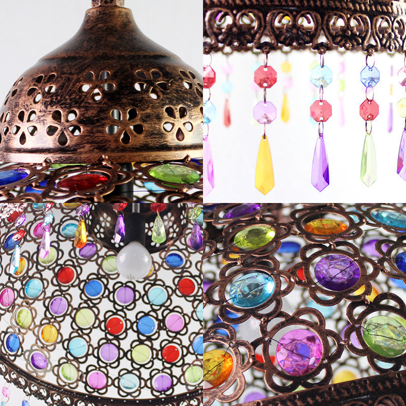 Boho Dome Pendant Light - Metal 1-Bulb Aged Brass/Rust Hanging Lamp With Crystal Bead For