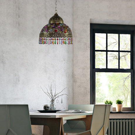 Boho Dome Pendant Light - Metal 1-Bulb Aged Brass/Rust Hanging Lamp With Crystal Bead For
