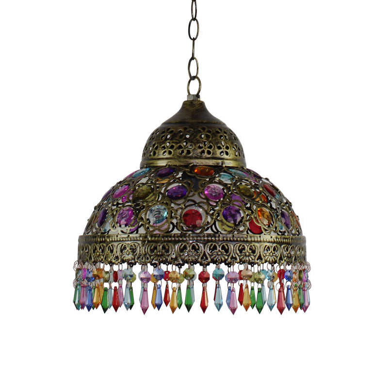 Boho Dome Pendant Light - Metal 1-Bulb Aged Brass/Rust Hanging Lamp With Crystal Bead For