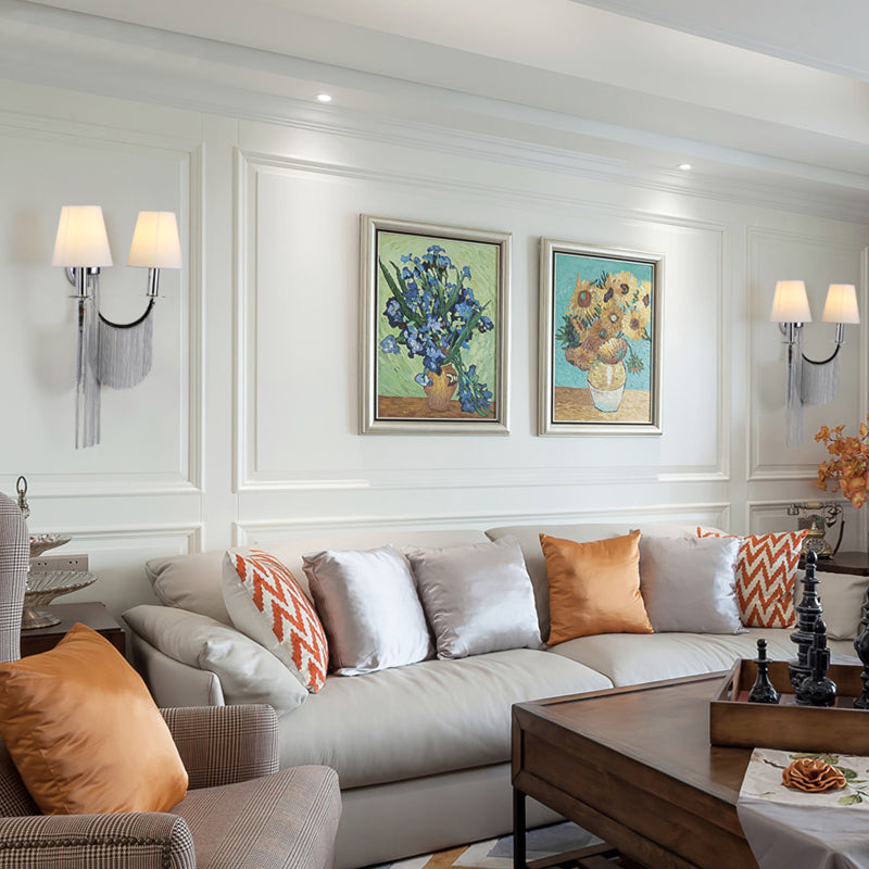 Modernist 2-Light Plastic Cone Shade Wall Sconce With Aluminum Tassel In Black/Silver Silver