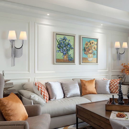 Modernist 2-Light Plastic Cone Shade Wall Sconce With Aluminum Tassel In Black/Silver Silver