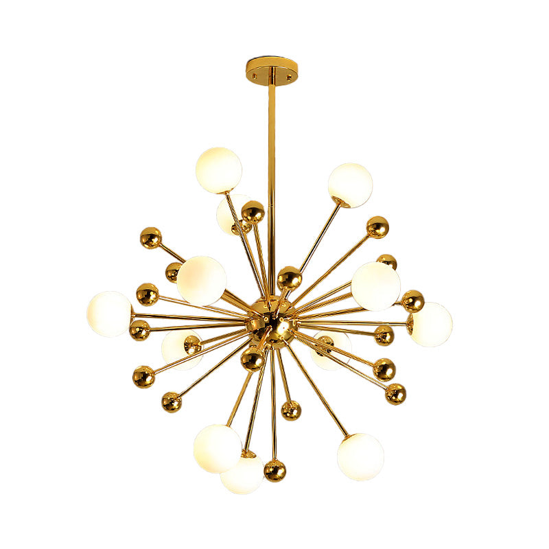 Gold Starburst Metal Chandelier Pendant Lamp With Multi Lights And White Glass Ball Shade -