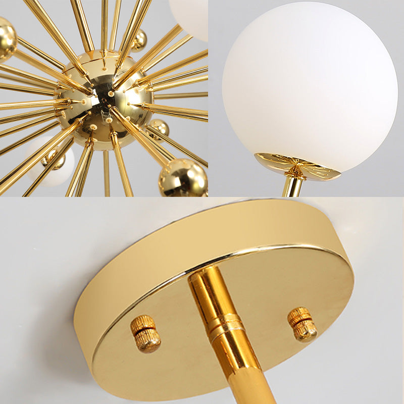 Gold Starburst Metal Chandelier Pendant Lamp With Multi Lights And White Glass Ball Shade -