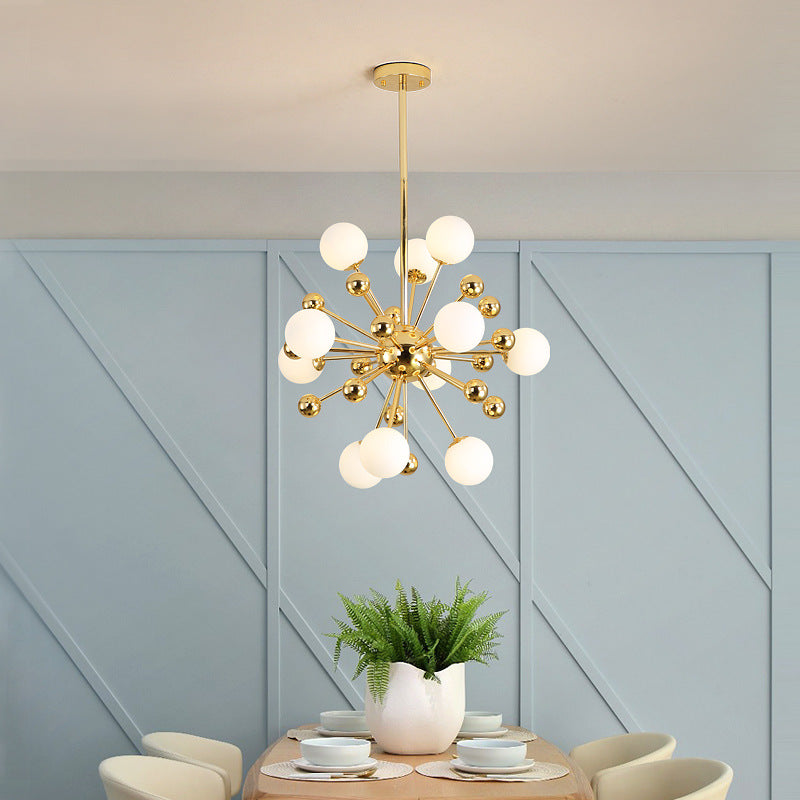 Gold Starburst Metal Chandelier Pendant Lamp With Multi Lights And White Glass Ball Shade -