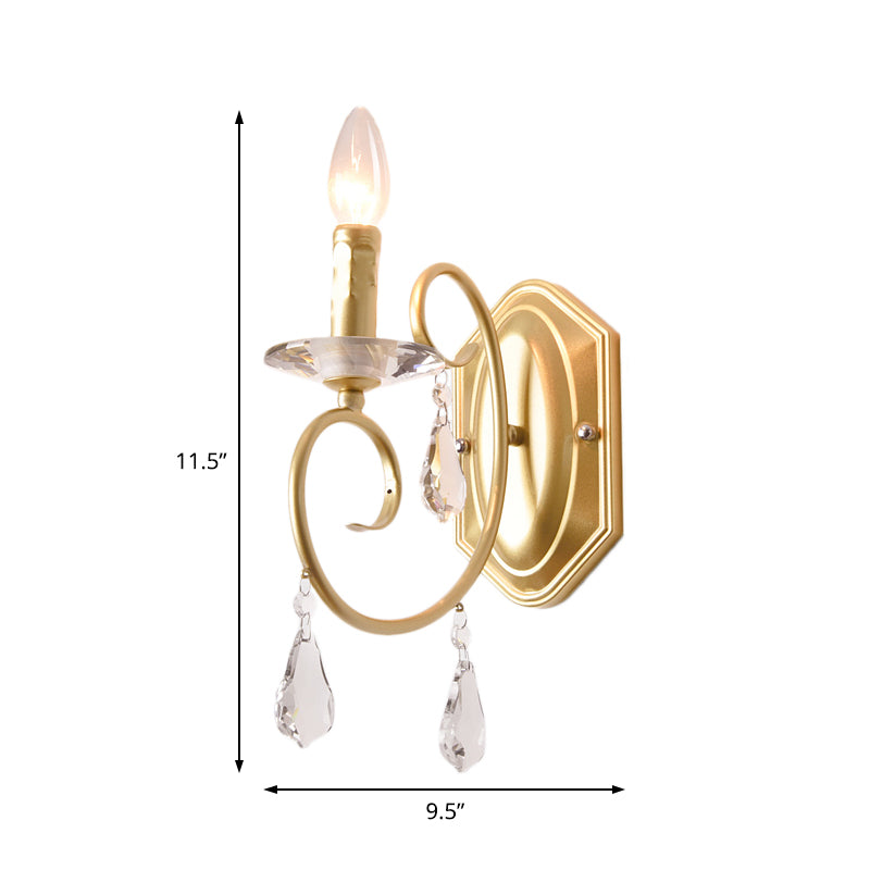 Modern Metal Wall Lamp - Elegant 1-Light Candle Sconce With Clear Crystal Deco In Gold For Corridor