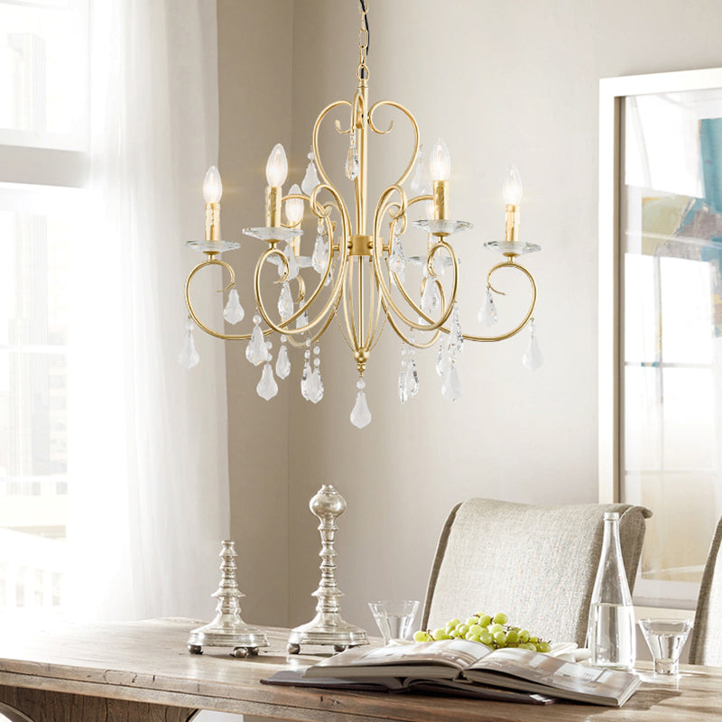 Modern Style Hanging Candle Lamp with Crystal Accent, 3/6 Lights Chandelier in Gold