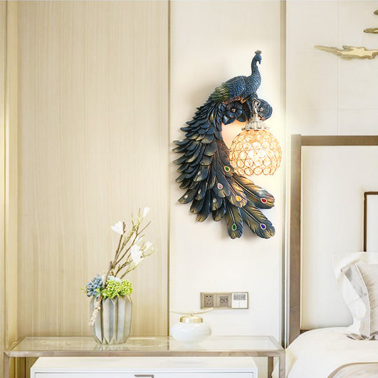 Peacock Blue Lodge Resin Wall Sconce Lighting With Clear Crystal Dome Shade - 1 Light Bedside / Left