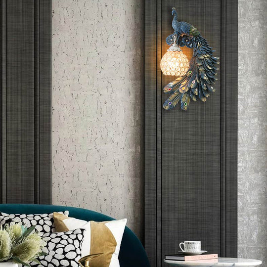 Peacock Blue Lodge Resin Wall Sconce Lighting With Clear Crystal Dome Shade - 1 Light Bedside