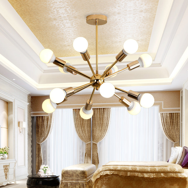 Modern Metal Starburst Chandelier Light - 6/10/12 Lights 26/38.5 Wide Gold Finish Bare Bulb Hanging