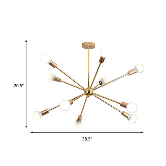 Modern Metal Starburst Chandelier Light - 6/10/12 Lights 26/38.5 Wide Gold Finish Bare Bulb Hanging