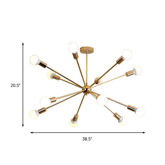 Modern Metal Starburst Chandelier Light - 6/10/12 Lights 26/38.5 Wide Gold Finish Bare Bulb Hanging