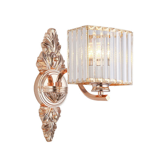 Contemporary Square Wall Sconce: Clear Crystal & Metal Carved Backplate Rose Gold