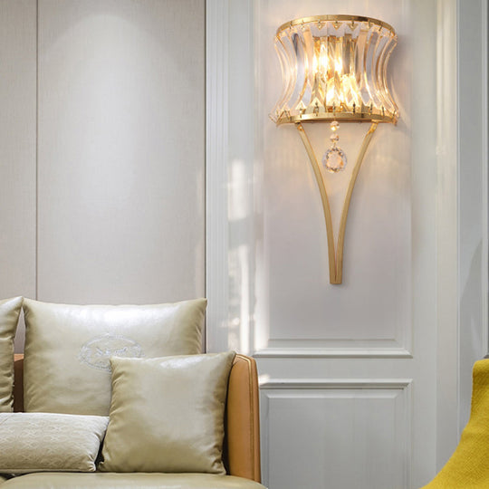 Golden Curved Metal Wall Sconce With Clear Crystal Prism Gold