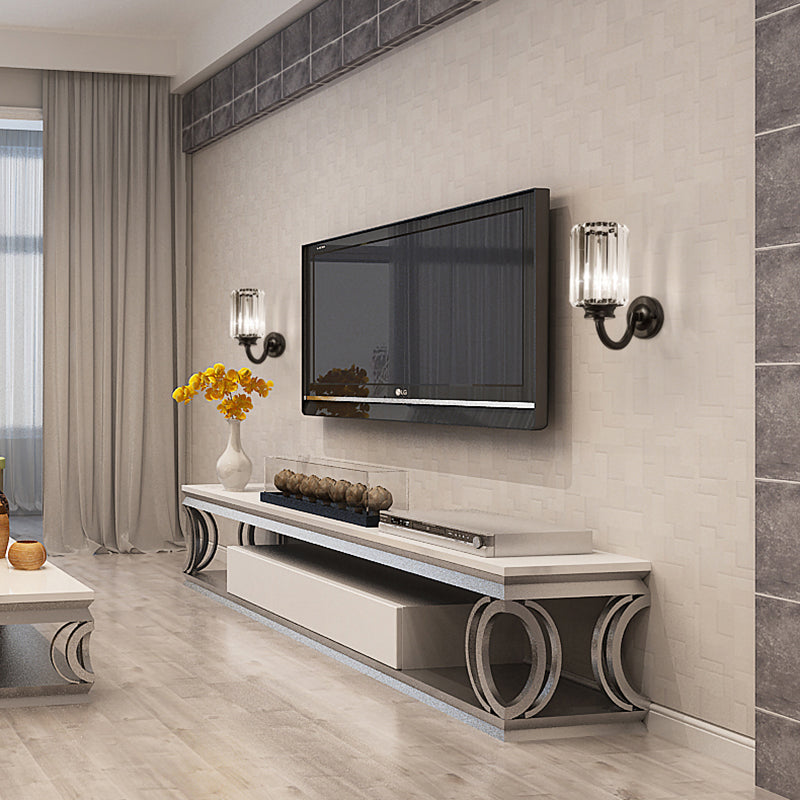 Modern Clear Crystal Drum Wall Lamp With Metal Curved Arm - Black Sconce Light Fixture