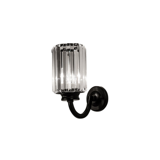 Modern Clear Crystal Drum Wall Lamp With Metal Curved Arm - Black Sconce Light Fixture