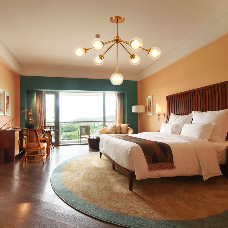 Sleek Metal Chandelier With Clear Glass Shades - Modern Sputnik Style Lighting For Bedroom